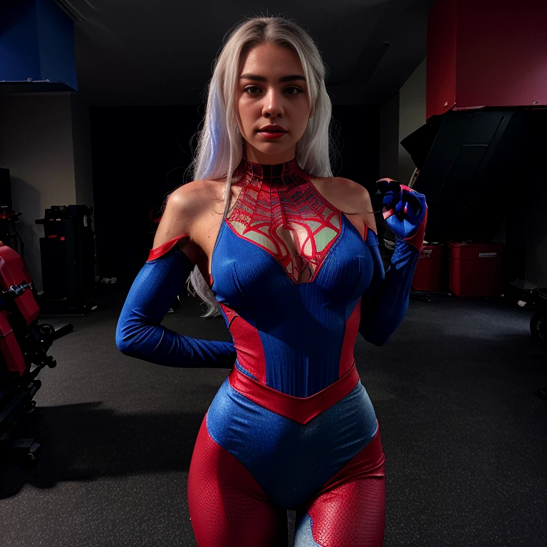 A sexy Lebanese influencer, wearing a tight spider Gwen cosplay, tight costume, sitting on gaming chair, legs spread apart, New York background, gaming room with red LED lighting, Gaming setup, selfie picture, selfie, taking picture of herself, exuding elegance and passion, spider Gwen, Gwen Stacy, spider Gwen mask on. Spider Gwen mask on face