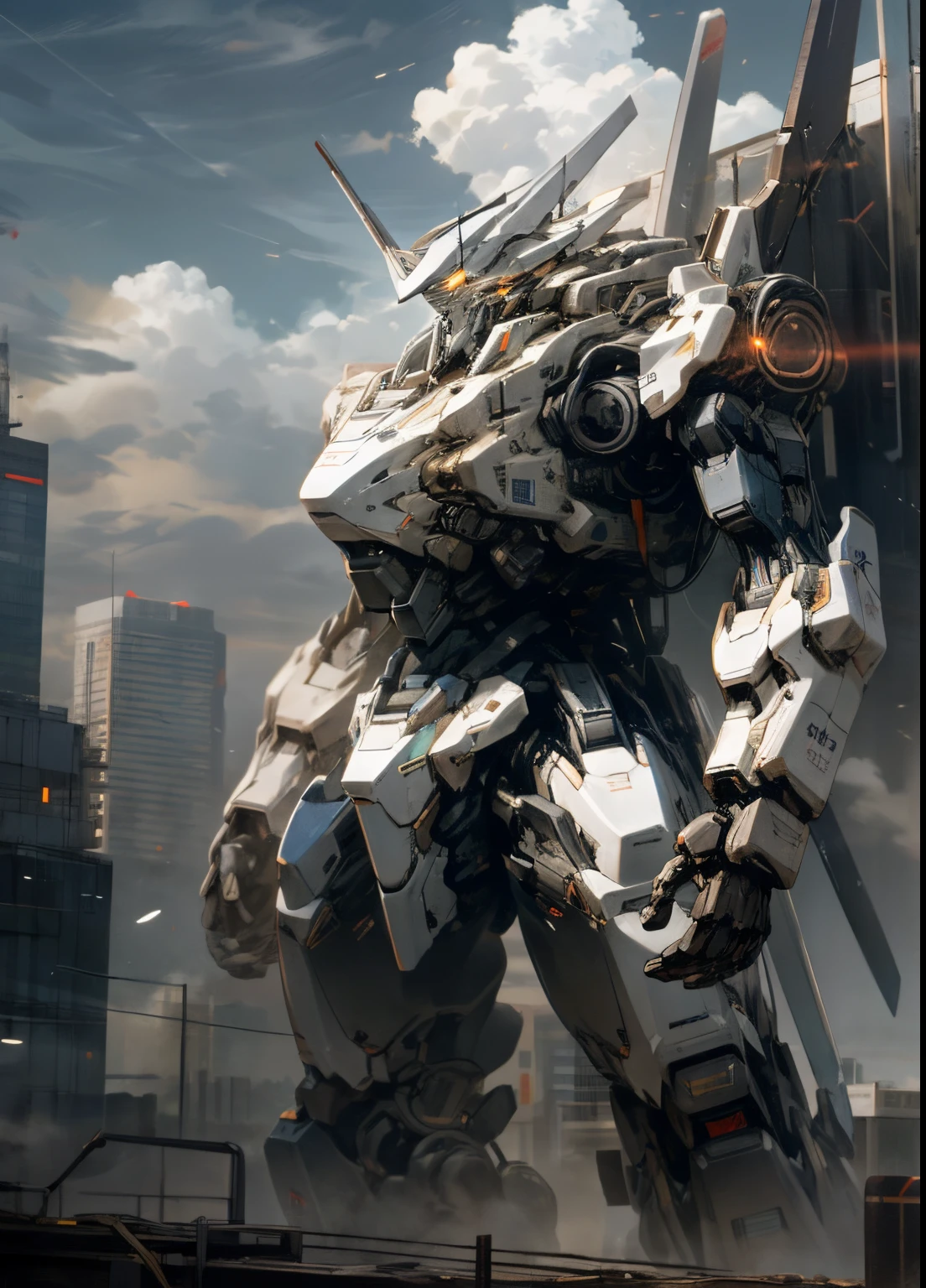sky, cloud, holding_weapon, no_humans, glowing, , robot, building, glowing_eyes, mecha, science_fiction, city, realistic,mecha