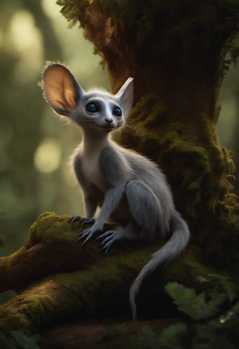 Cute alien creatures，Tiny creatures, similarity proteins, silver fur, Big fluffy tail, tasseled ears, sitting on the root of a huge spreading oak tree, fighting look, there are nuts, dark fantasy style,