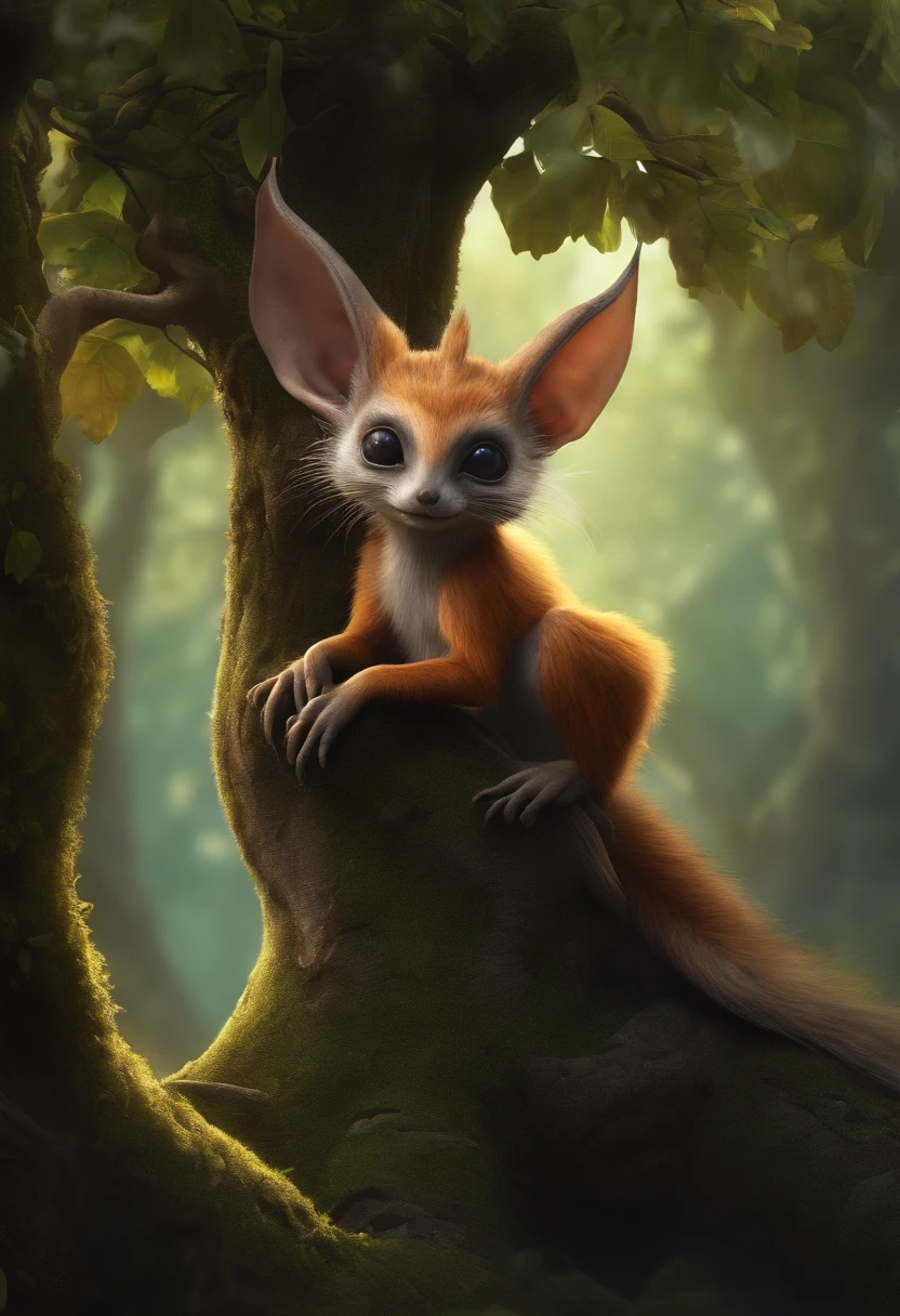 Cute alien creatures,Tiny creatures, similarity proteins, silver fur, Big fluffy tail, tasseled ears, sitting on the root of a huge spreading oak tree, fighting look, there are nuts, dark fantasy style,