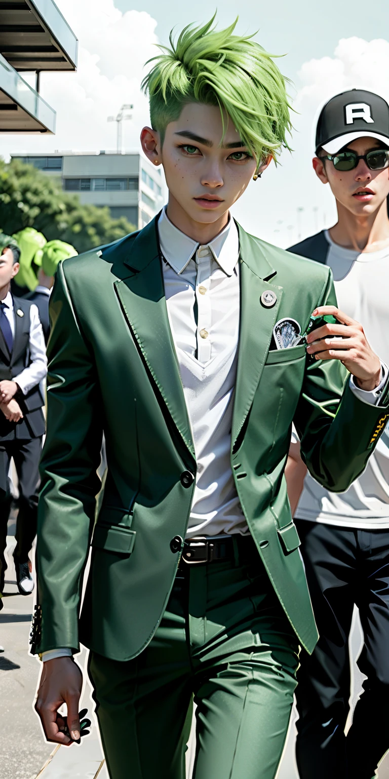 kpop teen boy with messy lime green fadecut hair, personality: prankster, a green one-suit with a diamond, golfing attire of golfers