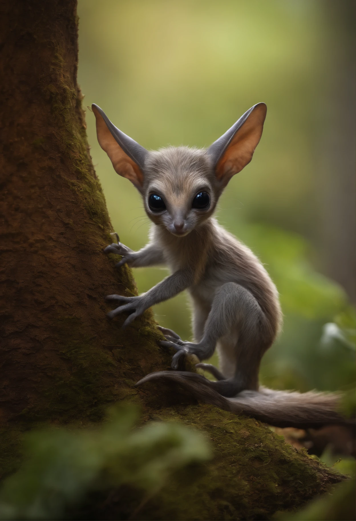 Cute alien creatures,Tiny creatures, similarity-proteins, silver fur, Big fluffy tail, tasseled ears, sitting on the root of a huge spreading oak tree, fighting look, there are nuts there,