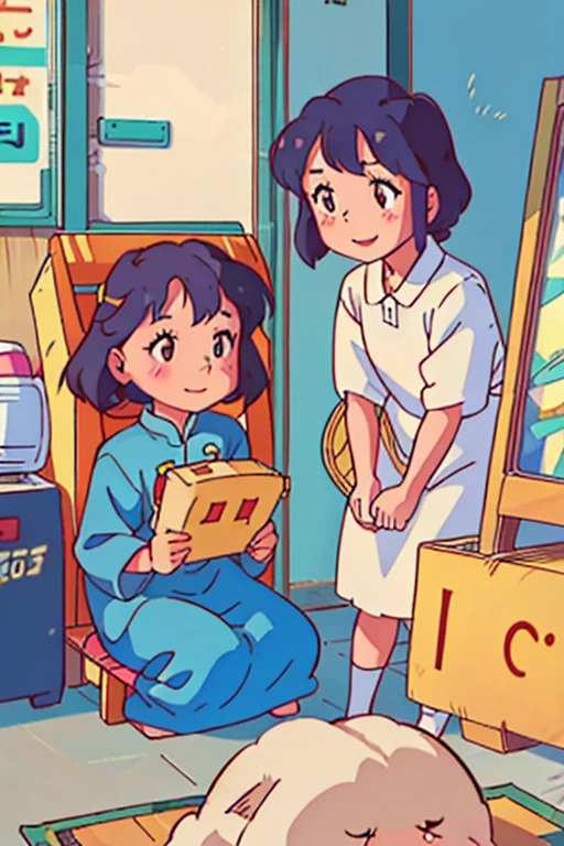 -yead Chie girl holding a Samoyed,rays of sunshine,Innocent laughter,A high resolution,Sitting at the door of a retro shop