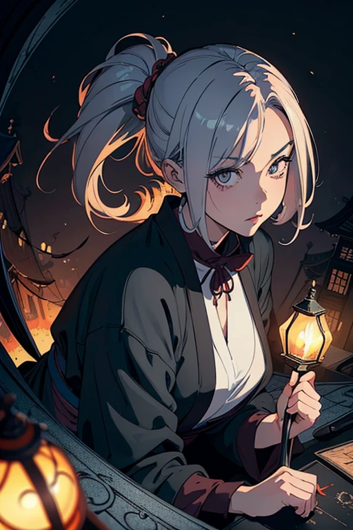 masterpiece, high resolution, ((Draft cartoon style)), ((wallpaper)), ((Diverse angles)), (drawing style), (Comic Style Illustrations), Outline warm color, eerie, Woman with Japanese ghost, horror factor, (Distinctive hair style), (Creative accessories), Fantasy Town, extra
, 8k