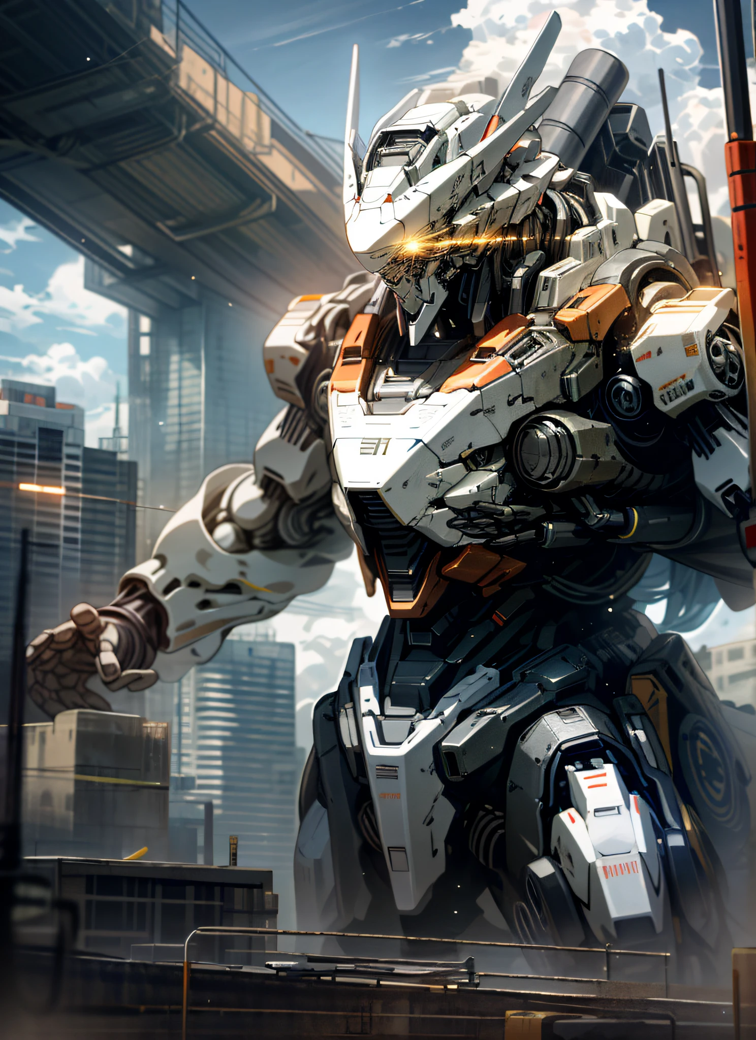 sky, cloud, holding_weapon, no_humans, glowing, , robot, building, glowing_eyes, mecha, science_fiction, city, realistic,mecha