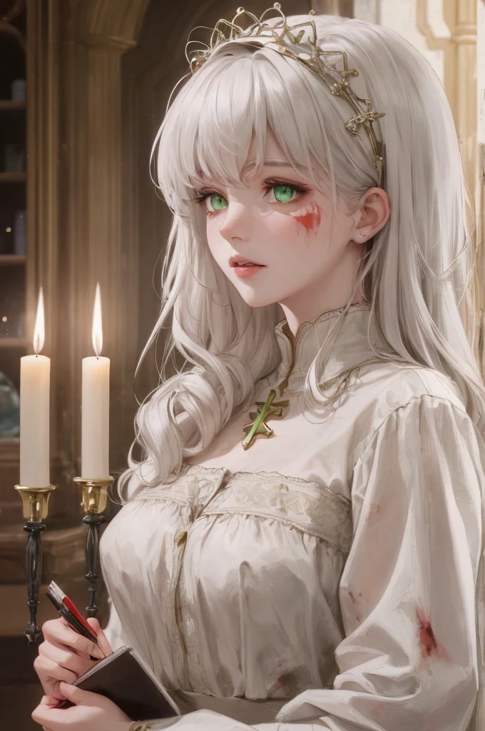 (((A deep reddish wound crosses her left cheek))) Fair complexion, Female about 19 years old, natural white hair, Distinctive green eyes, Wearing Kohl, slender and graceful, Beautiful, Candles in a medieval setting, ultra sharp focus, realistic shot, Medieval women's clothing, Notebook colors (scar:1.4)