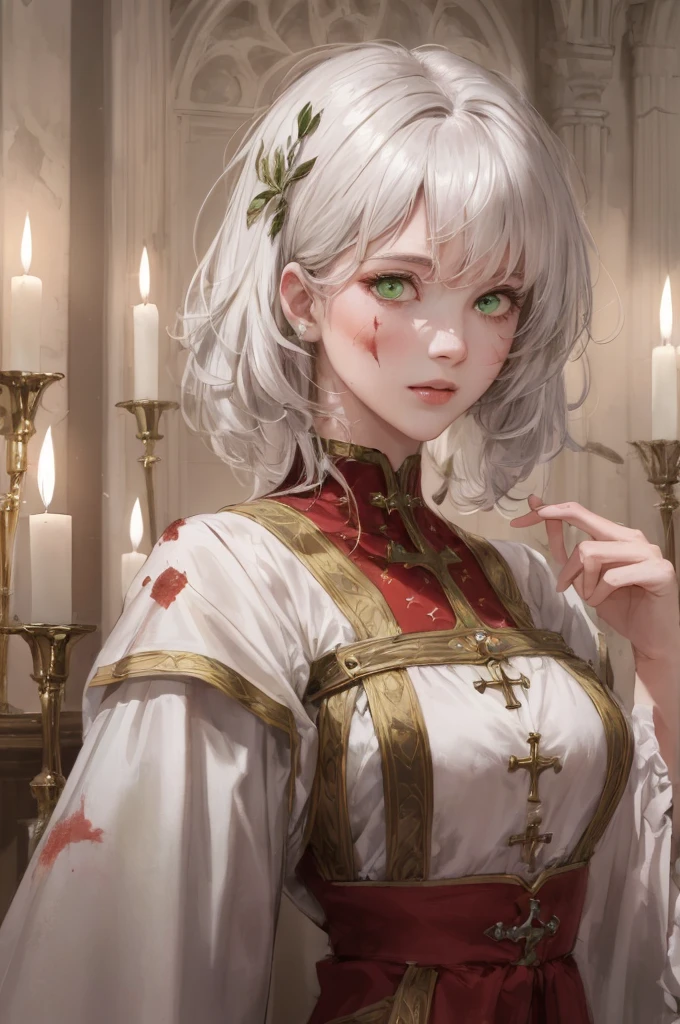 (((A deep reddish wound crosses her left cheek))) Fair complexion, Female about 19 years old, natural white hair, Distinctive green eyes, Wearing Kohl, slender and graceful, Beautiful, Candles in a medieval setting, ultra sharp focus, realistic shot, Medieval women's clothing, Notebook colors (scar:1.4)
