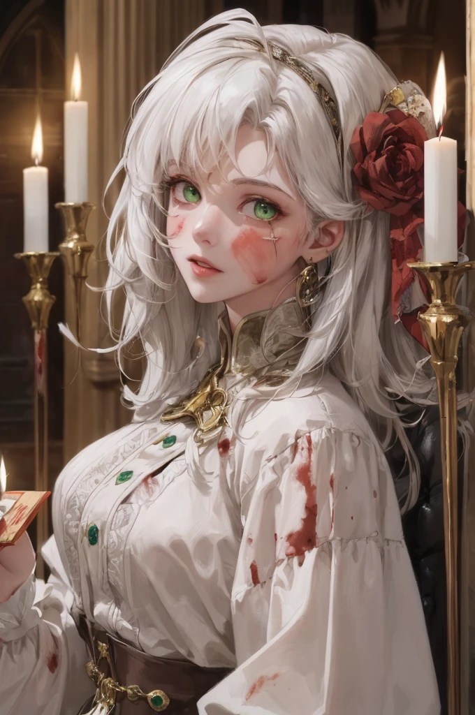 (((A deep reddish wound crosses her left cheek))) Fair complexion, Female about 19 years old, natural white hair, Distinctive green eyes, Wearing Kohl, slender and graceful, Beautiful, Candles in a medieval setting, ultra sharp focus, realistic shot, Medieval women's clothing, Notebook colors (scar:1.4)