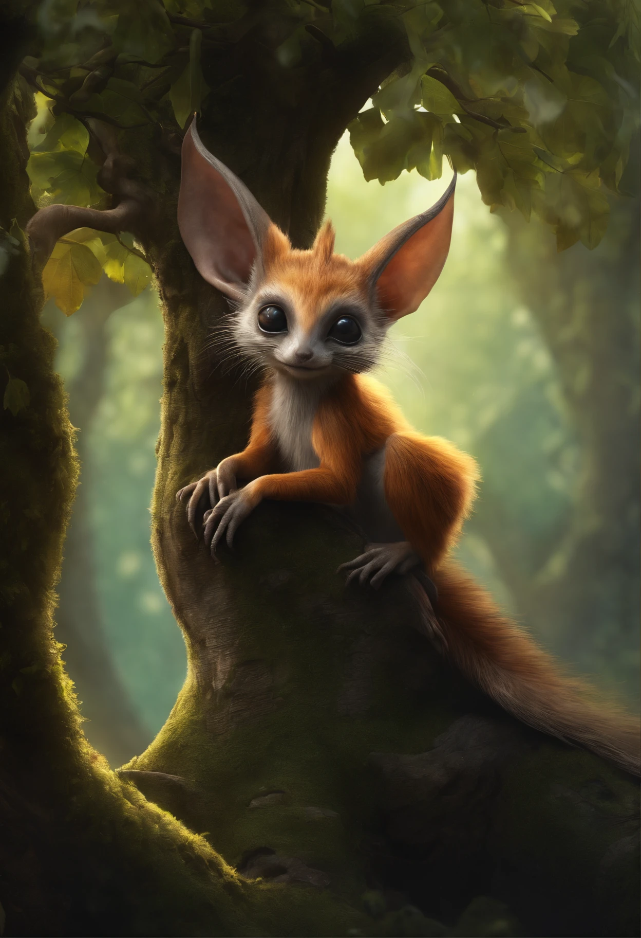 Cute alien creatures,Tiny creatures, similarity proteins, silver fur, Big fluffy tail, tasseled ears, sitting on the root of a huge spreading oak tree, fighting look, there are nuts, dark fantasy style,