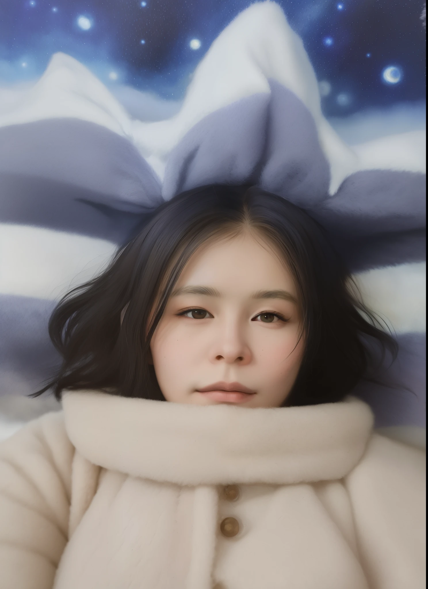 close up portrait, a female traveller in the wilds of eldraine, vincent van gogh, andy kehoe , intricate detail, symmetry, in a beautiful dream, alfred sisley , oil painting, fairy tale theme, she is confident, radiant vista, plains backdrop during winter, concept art,