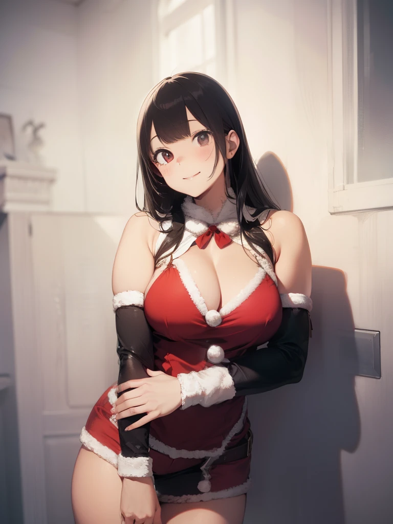 ultra-quality, ultla highres, Hyper Detailed, High contrast, Ultrafine Strike, creative refinement,A dark-haired,ssmile,Santa Claus Costume,Show cleavage,livingroom,5 fingers
