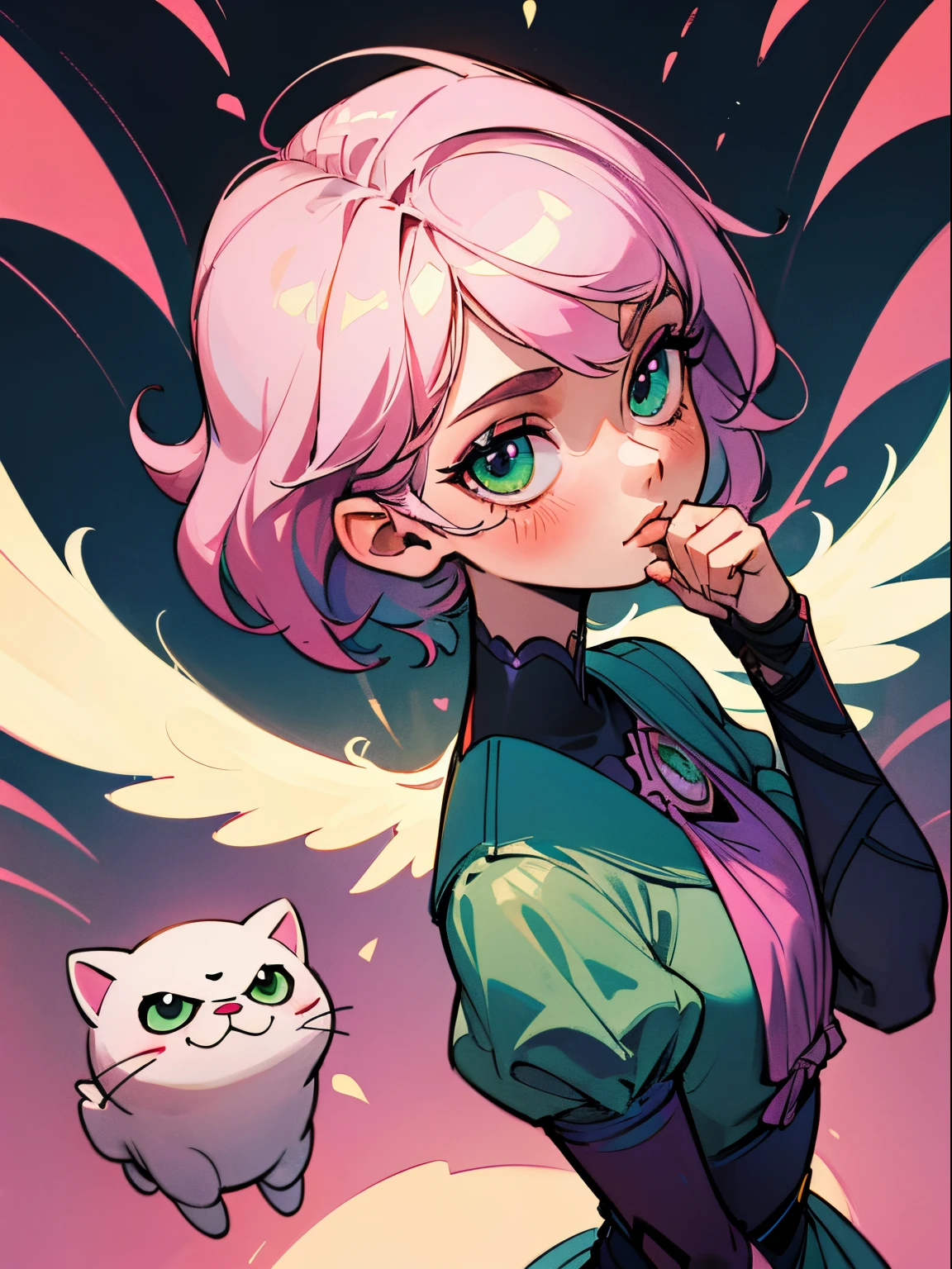 Alisa bosconovitch, iris dos olhos cintilantes verdes, melhor qualidade, contemporary, estilo plano, minimalismo, Green Eyes Flat Illustration, cabelo rosa, cabelo curto, cabelos multicoloridos, Camisa Preta, mechanical wings, Head Portrait Close-U, peito pontudo, decote, super decote, middlebreasts, Tekken, cabelo rosa pastel, 1girl, em quimono, hand-painted, Desenho de linha sem cor, colorida do yandere pastel, Tekken, Super cute pink hair girl with gothic makeup on the side, figura esbelta, robusto, He sat on the floor, cabelos muito curtos, com orelhas de gato, quadratic element, kawaii cor-de-rosa na roupa da era de 1910, Alisa Bosconovich pink lips, no estilo da paleta de cores suave aurorapunk, an anime illustration of his face, gifs animados, hand drawn animation, charming sketches, suave e brilhante, romantismo nebuloso, Estilo Superflat, perspective, close-up, rotated, from side, from above, cut-in, atmospheric perspective