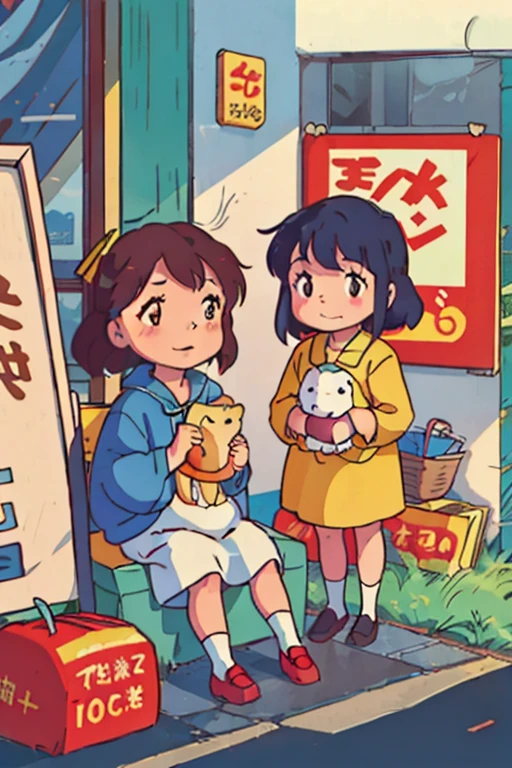 Six-year-old Chinese girl holding Samoyed,rays of sunshine,innocent laughter,A high resolution,Sitting in front of a retro store,A small yellow dog next to the feet