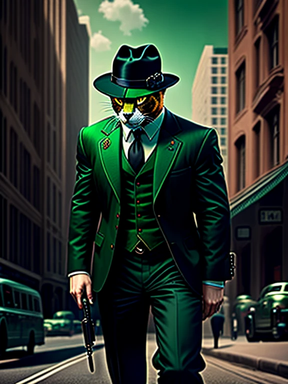 Black cat, green eyes, 4k, realistic, in a 3 piece patch suit, in a city, with a fedora. Holding Tommy gun