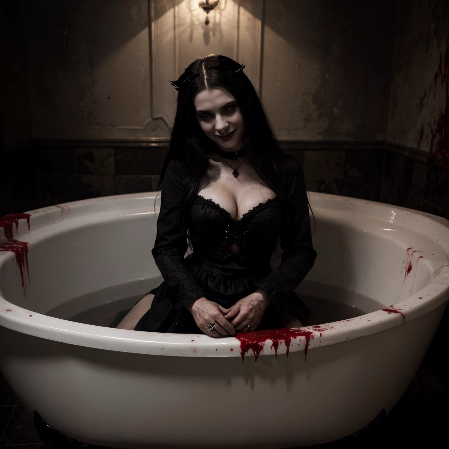 A bathtub filled with blood, bloody darkness and a gothic queen in an aristocratic black large dress and evil smile. Demonic smile, scary and gothic atmosphere