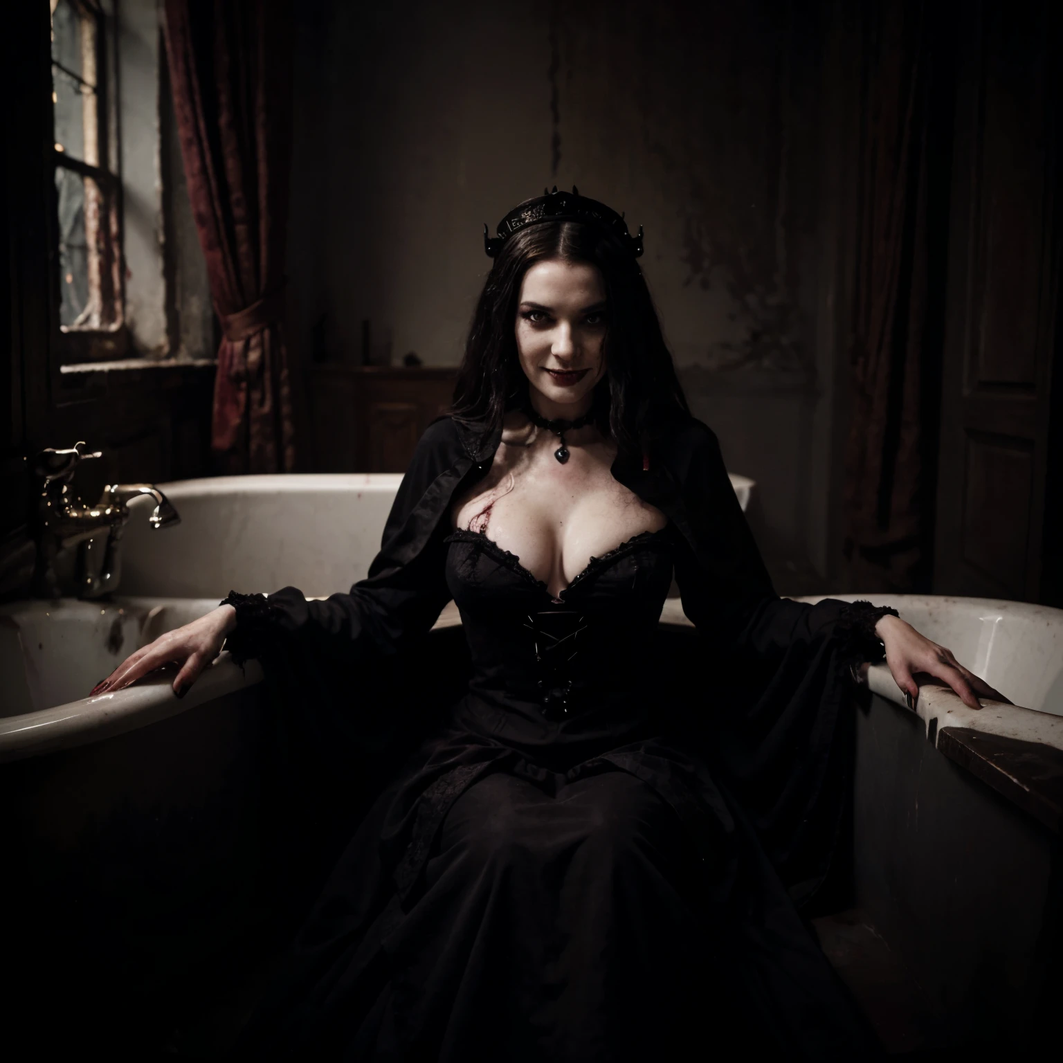 A bathtub filled with blood, bloody darkness and a gothic queen in an aristocratic black large dress and evil smile. Demonic smile, scary and gothic atmosphere