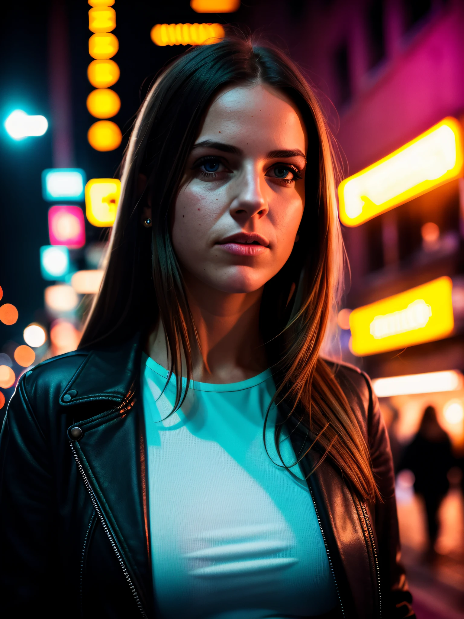 A tenacious female journalist uncovering a high-stakes conspiracy in a bustling metropolis, weaving through crowded streets and dark alleyways, close up, Detailed clothes, green eyes, flowing hair, determined expression, shiny glossy skin, subsurface scattering, (sharp:0.7), [(colorful explosion psychedelic paint colors:1.21)::0.05], amazing fine detail, Nikon D850 film stock photograph Kodak Portra 400 camera f1.6 lens, rich colors, lifelike texture, dramatic lighting, urban environment, skyscrapers, neon signs, street vendors, dynamic composition, unreal engine, trending on ArtStation, cinestill 800 tungsten