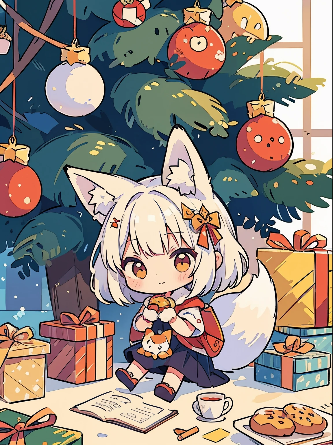 (Christmas tree), (chibi, girl ,White hair, fox ear, ornament),All tree decorations, donuts, Cookie, SASS