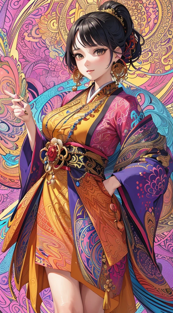 (masterpiece, top quality, best quality, official art, beautiful and aesthetic:1.2), (1girl:1.3), extremely detailed,(fractal art:1.1),(colorful:1.1),highest detailed,(zentangle:1.2), (dynamic pose), (abstract background:1.5), (japanese dress:1.2), (shiny skin), (many colors:1.4), ,(earrings:1.4), confidence face.