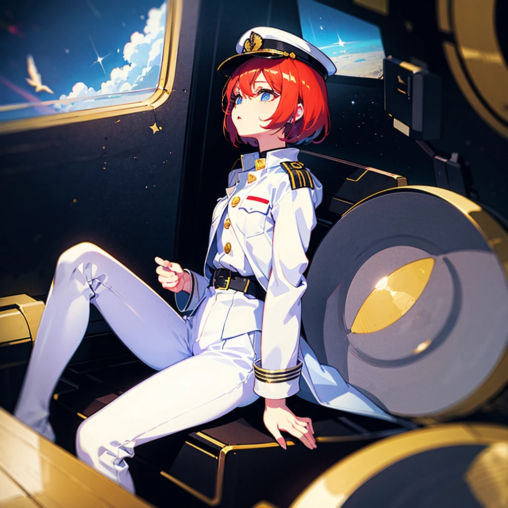 (((masterpiece)))、(((Top image quality)))、(((top-quality)))、(((Illustration of one woman)))、full bodyesbian、Red-haired shorthair、(Thin hair hanging down both sides of the face)、Blue eyes、(((neuter)))、a cool、(30-years old)、((Tall))、(((Muscular and strong body)))、((muscular and thick arms))、((muscular and thick legs))、(((manspreading)))、opening legs、((Military uniforms))、((Military Cap))、((Military coat))、(white clothes)、(White pants)、(White cap)、trench coat、((Inside the spaceship、Sitting in the captain's seat))、(Outside the window、Earth seen from space)