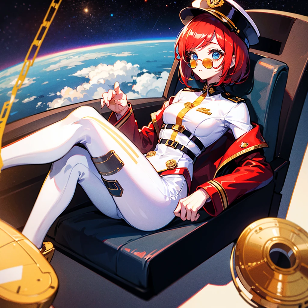 (((masterpiece)))、(((Top image quality)))、(((top-quality)))、(((Illustration of one woman)))、full bodyesbian、Red-haired shorthair、(Thin hair hanging down both sides of the face)、Blue eyes、(((neuter)))、(30-years old)、((Tall))、(((Muscular and strong body)))、(((Muscular and strong body)))、((muscular and thick arms))、((muscular and thick legs))、(((manspreading)))、opening legs、((Military uniforms))、((Military Cap))、((Military coat))、(white clothes)、(White pants)、(White cap)、trench coat、((Inside the spaceship、Sitting in the captain's seat))、(Outside the window、kosmos、Earth seen from space、Spaceport)