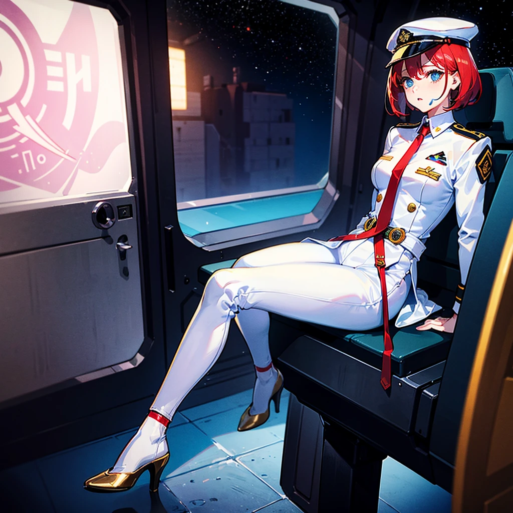 （（（​masterpiece）））、（（（Top image quality）））、（（（top-quality）））、（（（Illustration of one woman）））、full bodyesbian、Red-haired shorthair、（Thin hair hanging down both sides of the face）、Blue eyes、（（（neuter）））、a cool、（30-years old）、（（Tall））、（（（Muscular and strong body）））、（（muscular and thick arms））、（（muscular and thick legs））、（（（manspreading）））、opening legs、（（Military uniforms））、（（Military Cap））、（（Military coat））、（white  clothes）、（White pants）、（White cap）、trench coat、（（Inside the spaceship、Sitting in the captain's seat））、（Outside the window、Earth seen from space）