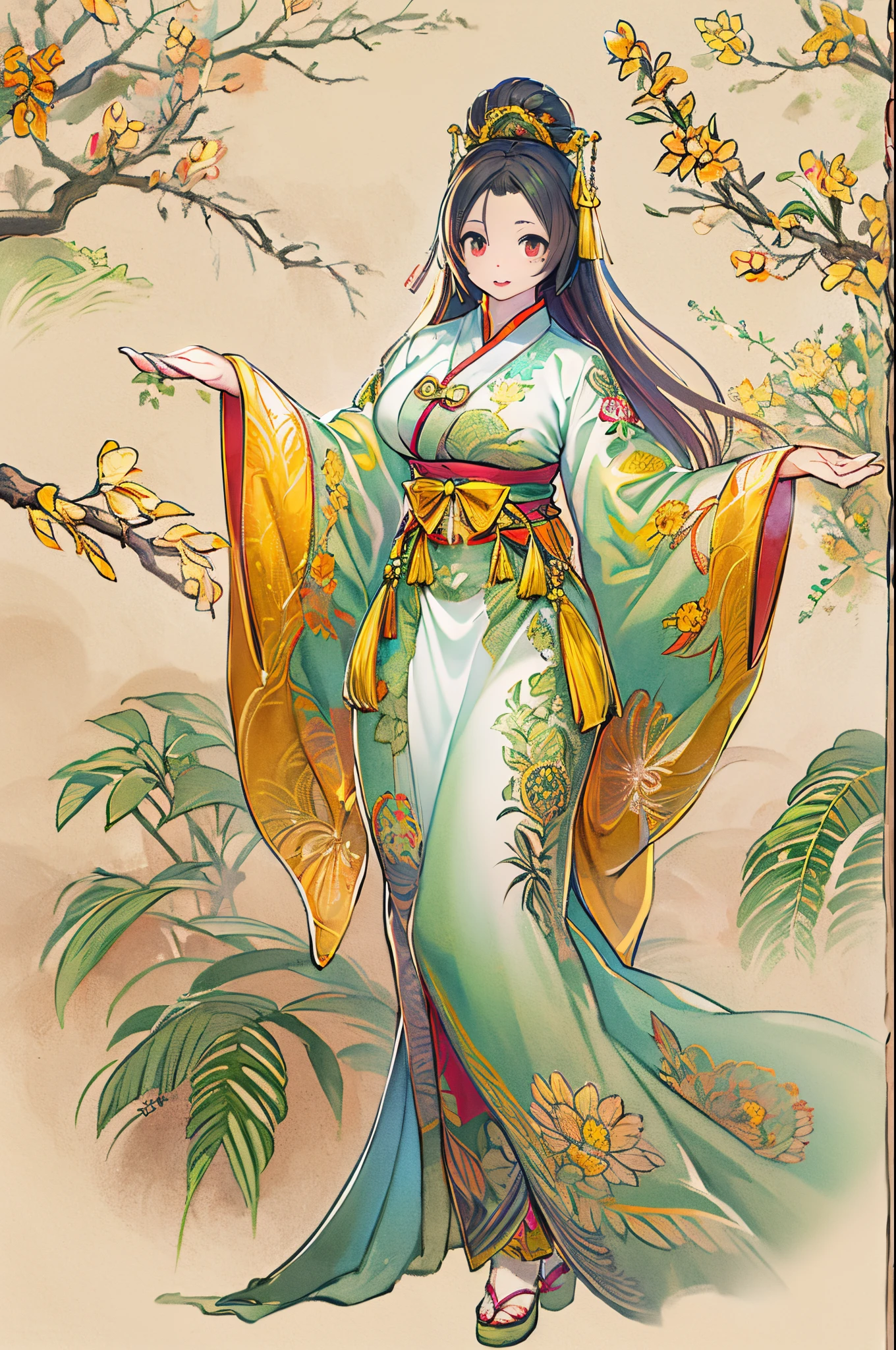 An ancient Chinese beauty, charming temperament, Flowing long skirt, Clear face, Beautiful eyes, Surrounding osmanthus, Perfect body structure proportional masterpiece, super detailed, epic composition, Color tattoo art, New Traditional Tattoo Art, SD Tattoo Design, Color tattoo art, Mysterious, warm and friendly atmosphere, Hyper-Realistic Painting, Super HD, High quality, Highest Quality, 32k --v 6