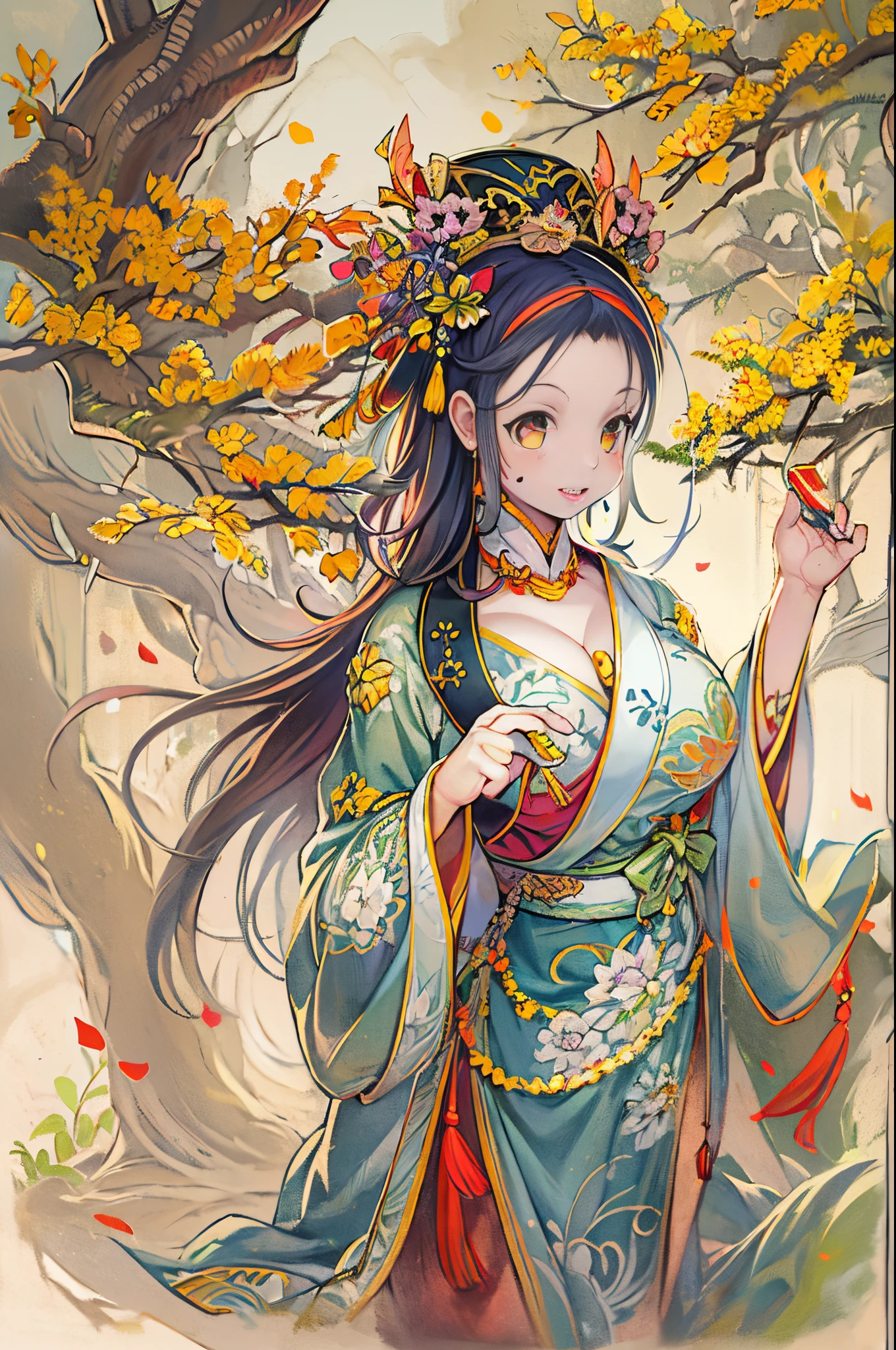 An ancient Chinese beauty, charming temperament, Flowing long skirt, Clear face, Beautiful eyes, Surrounding osmanthus, Perfect body structure proportional masterpiece, super detailed, epic composition, Color tattoo art, New Traditional Tattoo Art, SD Tattoo Design, Color tattoo art, Mysterious, warm and friendly atmosphere, Hyper-Realistic Painting, Super HD, High quality, Highest Quality, 32k --v 6