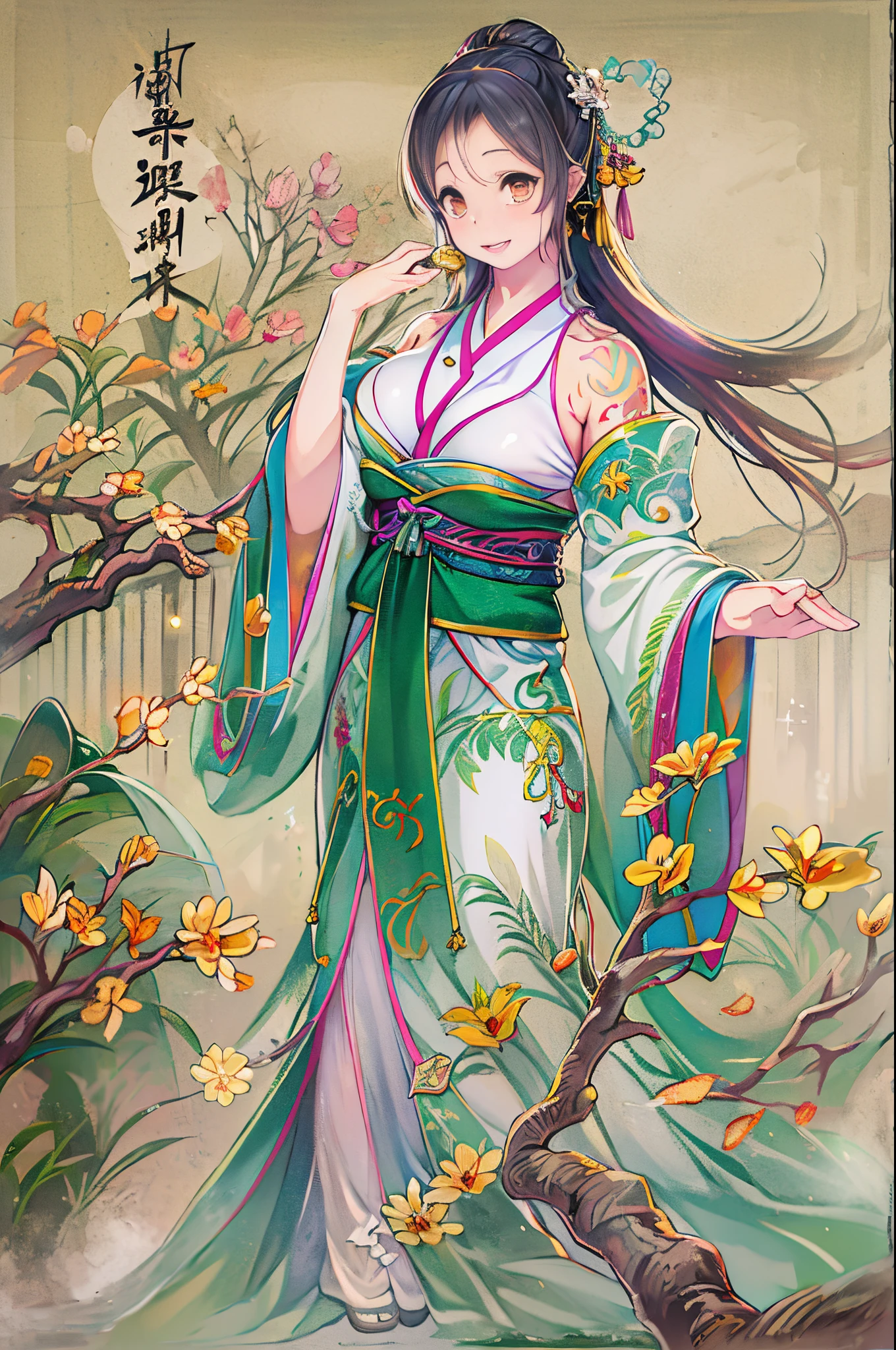 An ancient Chinese beauty, charming temperament, Flowing long skirt, Clear face, Beautiful eyes, Surrounding osmanthus, Perfect body structure proportional masterpiece, super detailed, epic composition, Color tattoo art, New Traditional Tattoo Art, SD Tattoo Design, Color tattoo art, Mysterious, warm and friendly atmosphere, Hyper-Realistic Painting, Super HD, High quality, Highest Quality, 32k --v 6