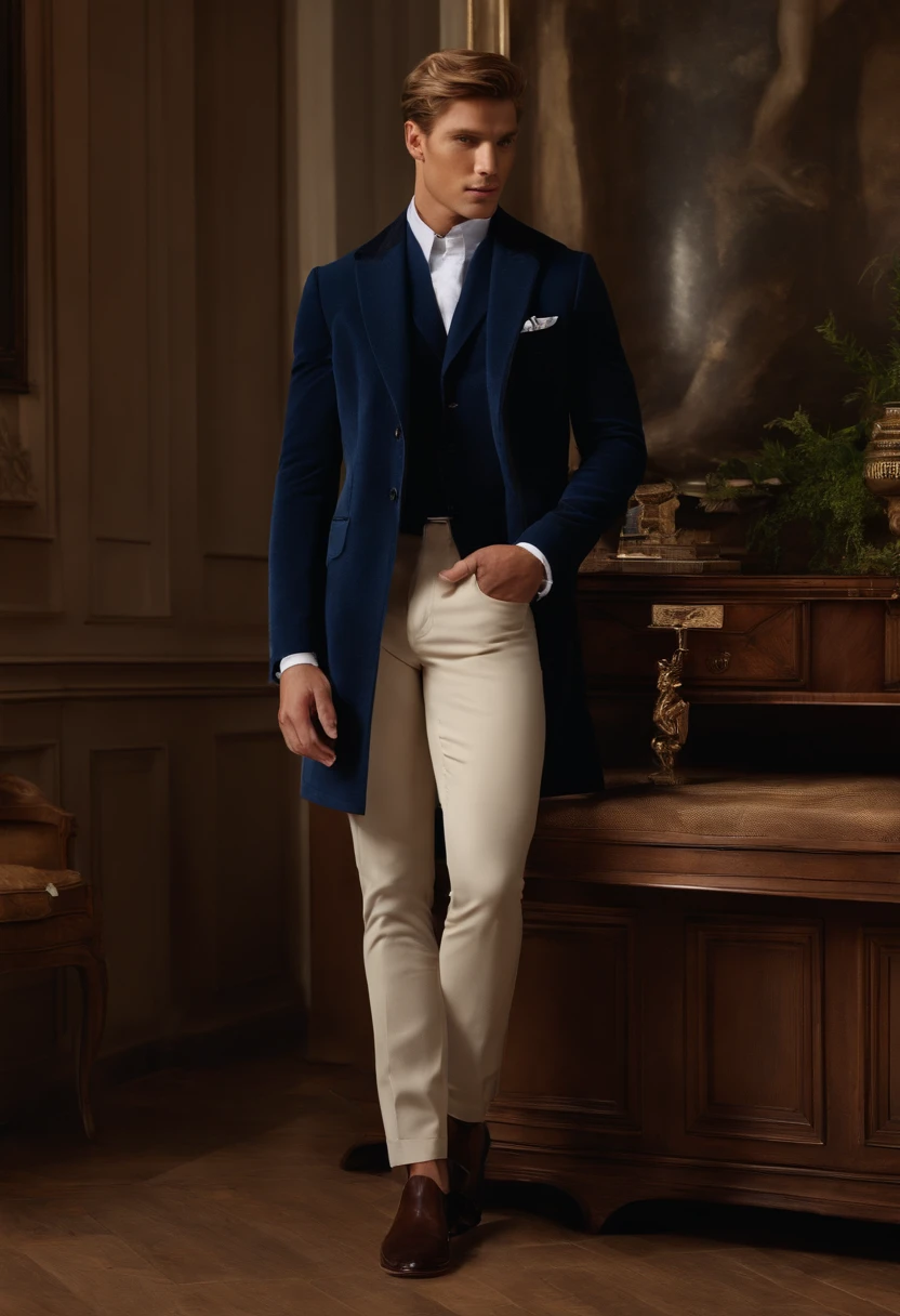 A photo of Nicholas meticulously arranging a collection of vintage watches and pocket timepieces on an elegant velvet-lined display case.,original,Nicholas looks like the actor and celebrity Tom Glynn-Carney.
Gender: Male
Physical Attributes:
Nicholas possesses a well-maintained physique, distinguished by a toned and slim build, which accentuates his graceful presence. His skin carries a light tan, imbuing him with a healthy, sun-kissed glow that hints at an active lifestyle. His eyes, a piercing shade of blue, draw attention with their depth and clarity.
Hair:
Nicholas sports short, neatly groomed dirty blonde hair, which not only complements his appearance but also underscores his commitment to a polished and sophisticated look.
Apparel:
Nicholas is characterized by a tasteful and understated sense of fashion. He favors a plain crewneck shirt, reflecting his appreciation for simplicity and practicality. These versatile shirts convey an air of effortlessness and serve as a canvas for his inner complexities.
Complementing his shirt, he chooses straight-leg jeans that strike a harmonious balance between comfort and style. These jeans underscore his practicality, ensuring he's well-prepared for the rigors of everyday life.
To shield against the elements, Nicholas dons a warm and elegant coat, reinforcing his dedication to a refined and polished image. The coat not only offers protection but also projects a hint of sophistication that aligns with his enigmatic persona.
Completing his ensemble, Nicholas opts for semi-formal shoes. These choices combine style and comfort, allowing him to navigate seamlessly between casual and more formal settings. This footwear underscores his adaptability, an attribute that resonates with his multifaceted personality.
In addition to his attire, it's important to note that Nicholas's fashion choices go beyond mere garments; they reflect his personality, which embodies a compelling blend of charm, intelligence, and darkness., male