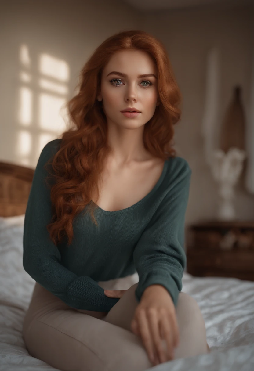 arafed woman fully , sexy girl with brown eyes, ultra realistic, meticulously detailed, ginger hair and large eyes, selfie of a young woman, bedroom eyes, without makeup, natural makeup, looking directly at the camera, face with artgram, subtle makeup, stunning full body shot kneeling on bed, in bedroom, large size bust
