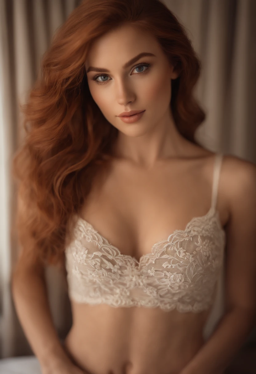 beautiful black and irish gorgeous instagram model, young 27 years old, caramel skin, wearing lingerie and vibrant red hair, blue and green eyes, gorgeous features, vibrant red body wave hair, wearing white lingerie, in a white candle lit room, radiant skin, soft lighting, diffused glow, most realistic, real quality, nikon d850, 85mm lens, high resolution