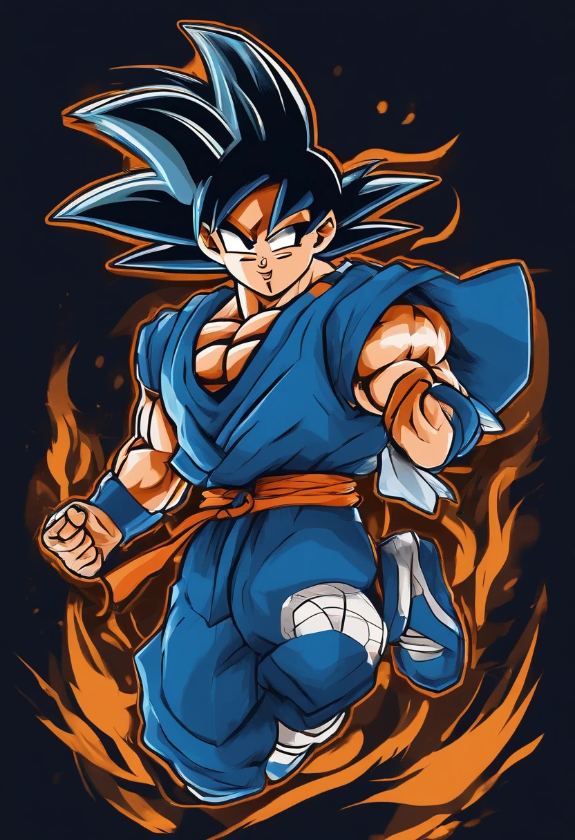 Creating a mini Goku with blue outfit on a simple background, inspired by Brazil, can result in a dynamic and vibrant t-shirt print. Consider incorporating iconic elements like the Brazilian flag colors or cultural symbols to enhance the theme, illustration for a sticker with a black background, in bold outline style, jagged edges, trashcore, light shading --v 5.2