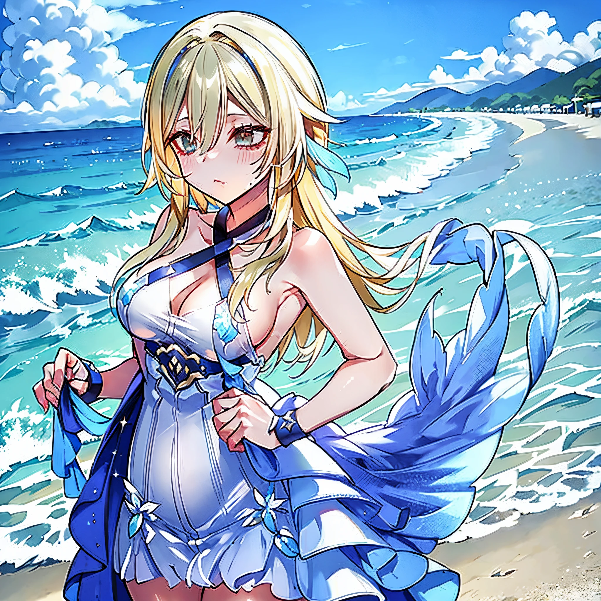 Lumine usando un traje revelador , vestido transparente , cabello mojado , caminando en la playa , grandes , culo hso , ojos seductores