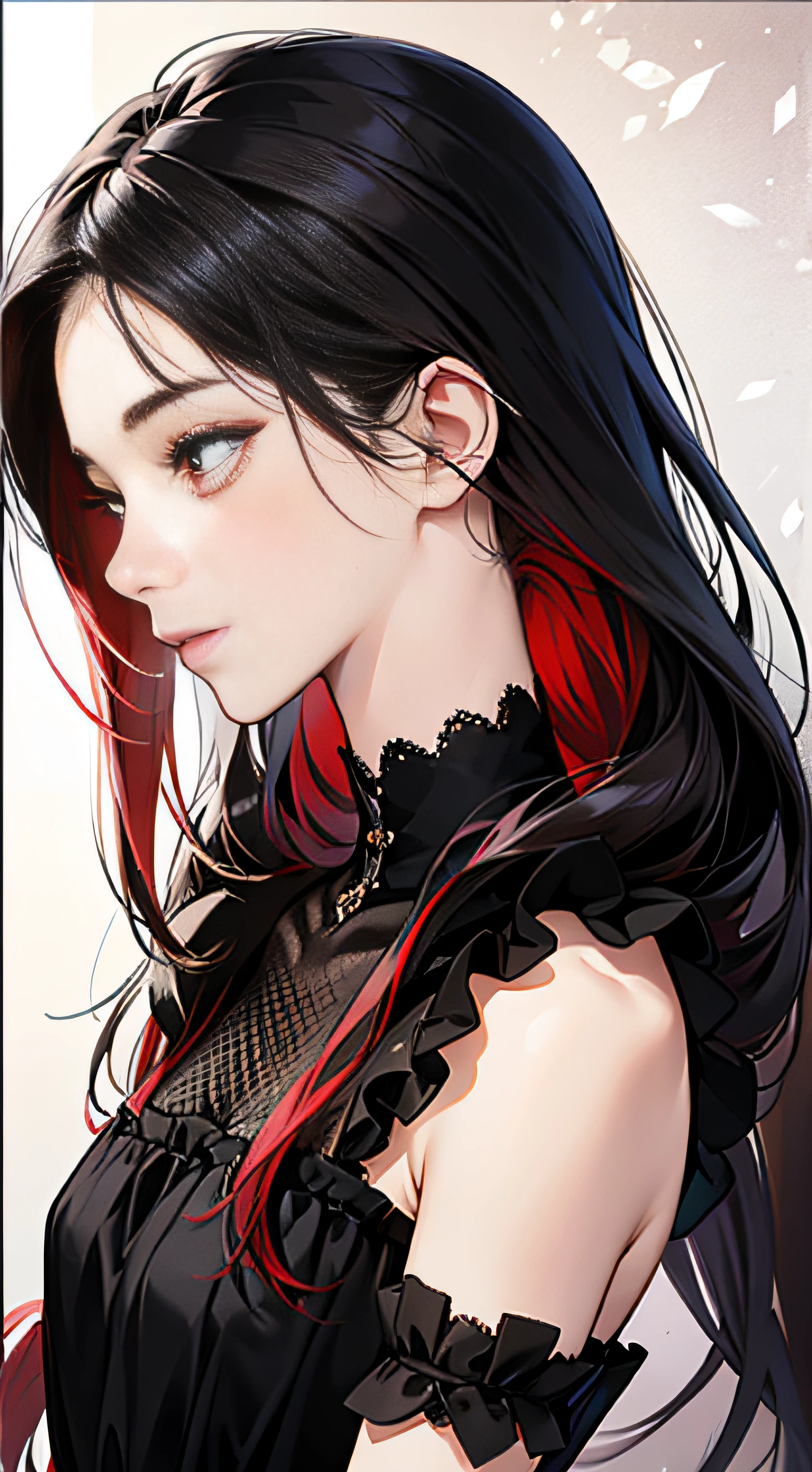 (Best Quality,4K,High resolution), 18yo woman, Red mesh hair on black hair, Shiny long straight hair, Innocence,sharp eye、red eyes、small nose、eye liner、 Luxury Black Silk Babydoll、Lonely face、Shoku、profile、slenderbody、Comical appearance,comic strip,animesque,Deformed cute illustration、Delicately expresses realistic skin texture、Muscle texture reproduction、Knife Art