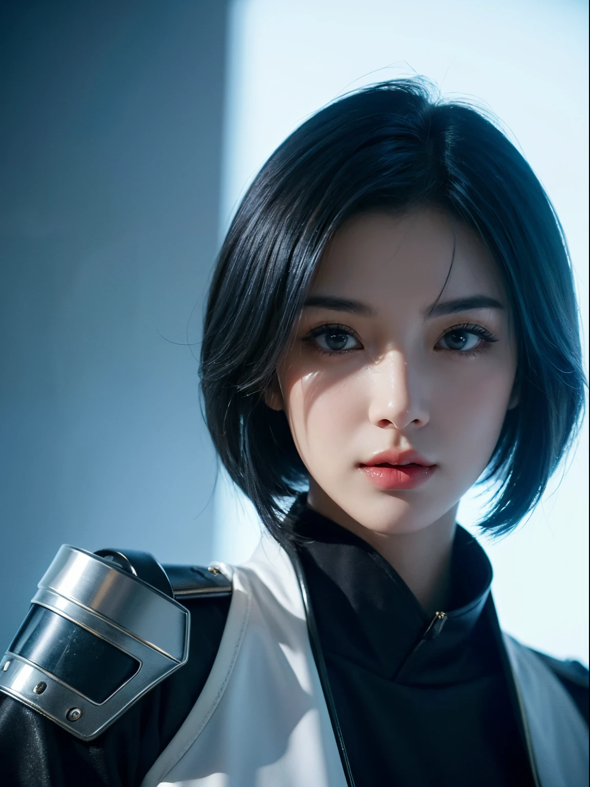 tmasterpiece,Best quality at best,A high resolution,8K,(portrait),(Close up of avatar),(RAW photogr),real photograph,digital photography,Cyberpunk policewoman,20岁女孩,short detailed hair,with long bangs,(Black and blue gradient hair),Red eyes,Elegant and majestic,Dressed in military uniform,golden clothing texture,badges,Simple accessories,Keep your mouth shut,Redlip,Serious and charming,police officers,Photo pose,Sci-fi style laboratory,White room,oc render reflection texture