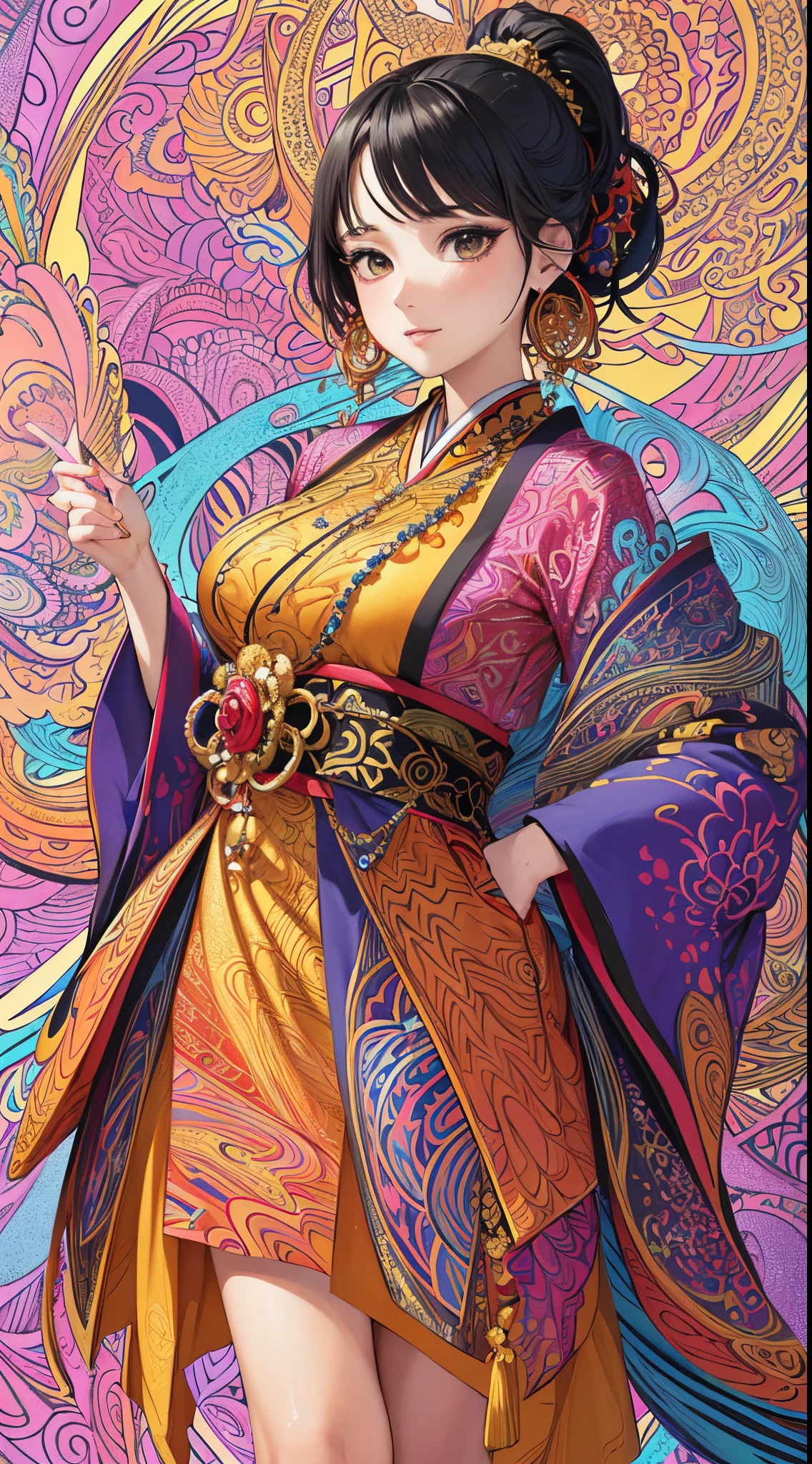 (masterpiece, top quality, best quality, official art, beautiful and aesthetic:1.2), (1girl:1.3), extremely detailed,(fractal art:1.1),(colorful:1.1),highest detailed,(zentangle:1.2), (dynamic pose), (abstract background:1.5), (japanese dress:1.2), (shiny skin), (many colors:1.4), ,(earrings:1.4), confidence face.