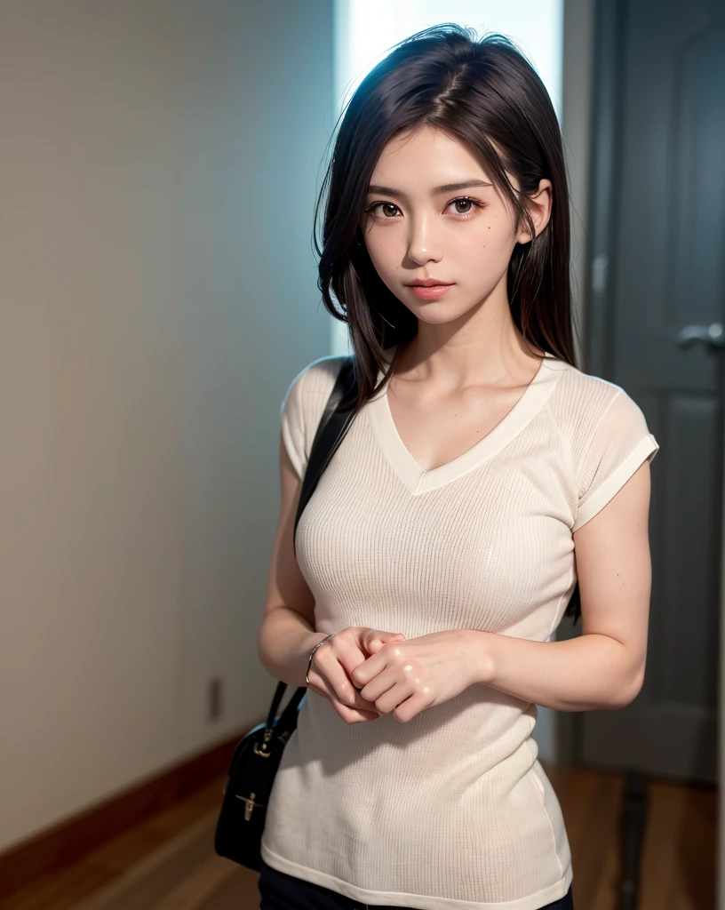 1 persons,(in 8K, top-quality, masterpiece:1.2), (realisitic, Photorealsitic:1.37), ultra-detailliert, Natural sunlight,, 1 persons, 25 year old woman, Dark hair, Pendants, Torn shorts, Light Knit V-Neck Shirt, At the time of performance, extremely detailed face and skin, A detailed eye, extremely detailed face and skin,student clothes,musculature,
