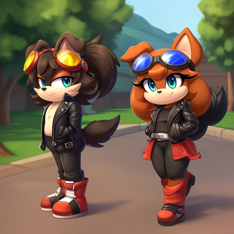 Mobian male Brown Dog, ((short stack)), (leather jacket), (red goggles), ((black floppy ears)), (red black shoes), (green blue eyes), ((black tail)), (three bangs), (((in rotropulas)))