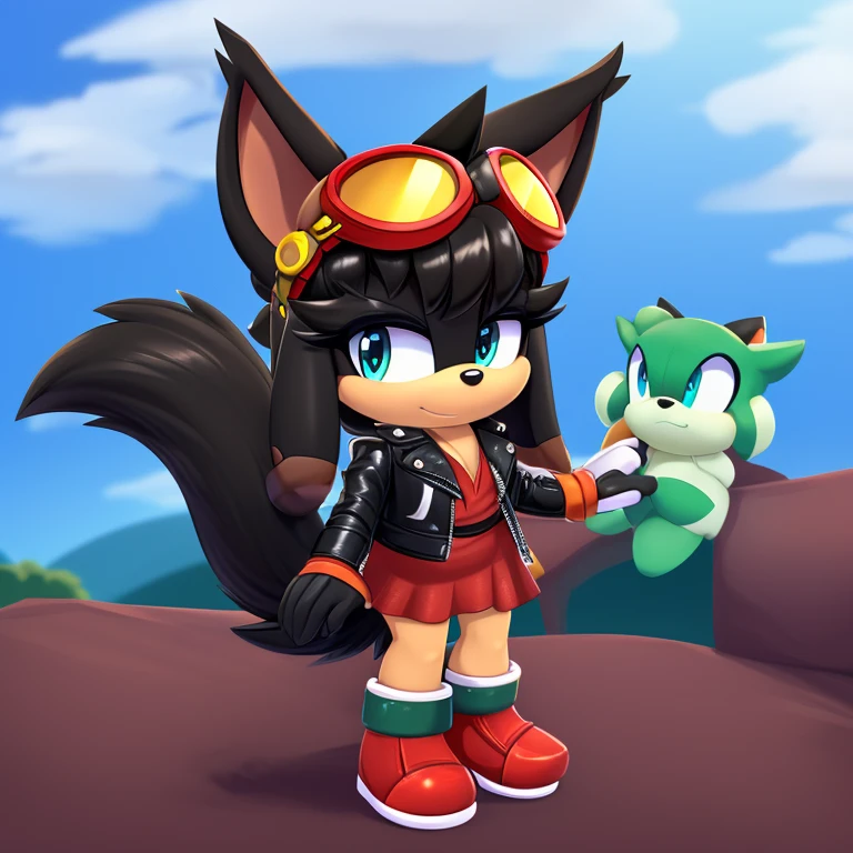 Mobian male Brown Dog, ((short stack)), (leather jacket), (red goggles), ((black floppy ears)), (red black shoes), (green blue eyes), ((black tail)), (three bangs), (((in rotropulas)))