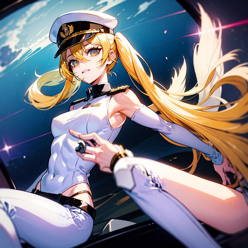 (((masterpiece)))、(((Top image quality)))、(((top-quality)))、(Illustration of one woman)、full bodyesbian、30-years old、(((neuter)))、((Blonde twintails))、Light golden eyes、((Tall))、(((Muscular and strong body)))、((Split abs))、((muscular and thick arms))、((muscular and thick legs))、(((manspreading)))、opening legs、((Military uniforms))、((Military Cap))、((Military coat))、(white clothes)、(White pants)、(White cap)、trench coat、((Inside the spaceship、Sitting in the captain's seat))、(Outside the window、Earth seen from space)