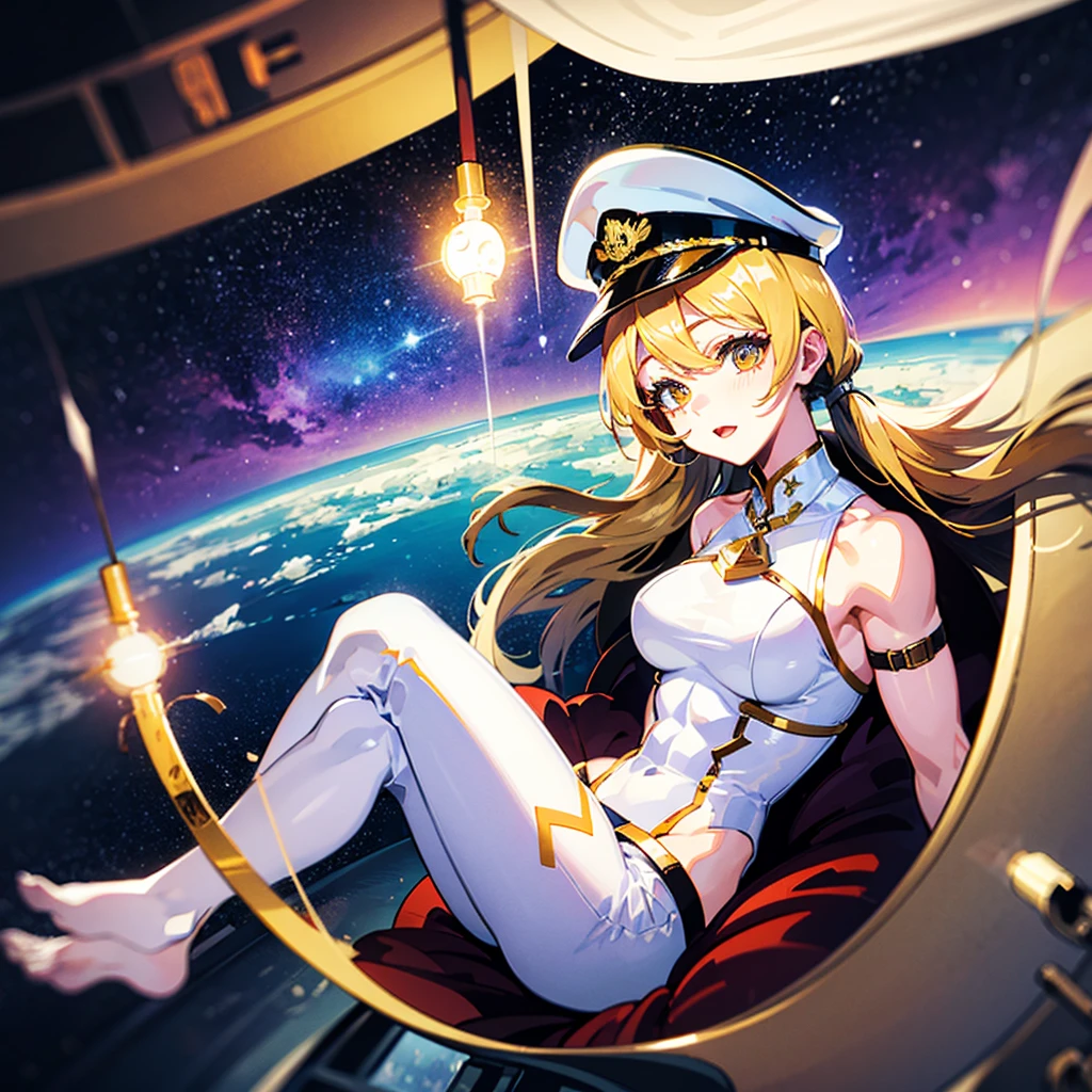 （（（​masterpiece）））、（（（Top image quality）））、（（（top-quality）））、（Illustration of one woman）、full bodyesbian、30-years old、（（（neuter）））、（（Blonde twintails））、Light golden eyes、（（Tall））、（（（Muscular and strong body）））、（（Split abs））、（（muscular and thick arms））、（（muscular and thick legs））、（（（manspreading）））、opening legs、（（Military uniforms））、（（Military Cap））、（（Military coat））、（white  clothes）、（White pants）、（White cap）、trench coat、（（Inside the spaceship、Sitting in the captain's seat））、（Outside the window、Earth seen from space）