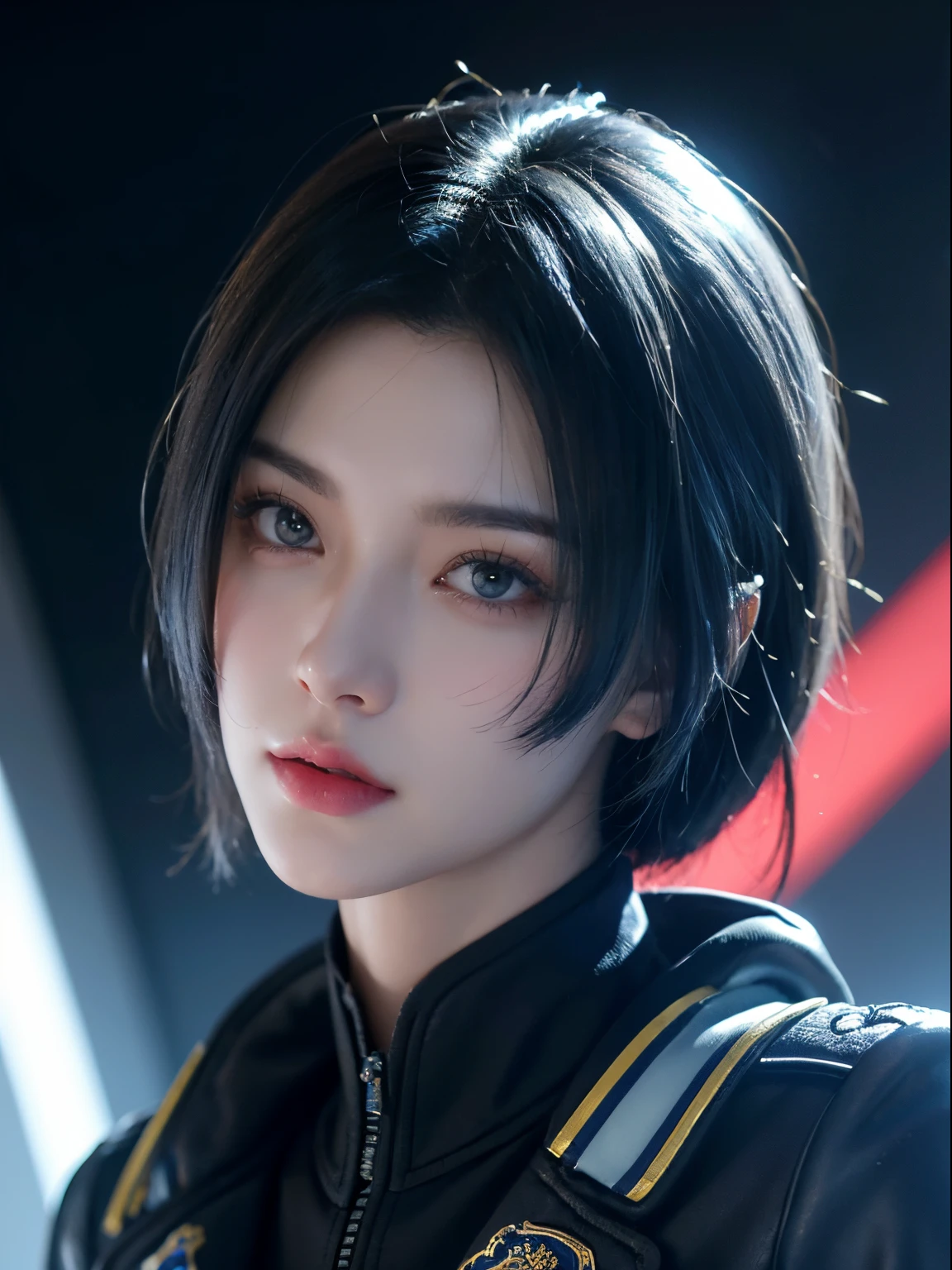 tmasterpiece,Best quality at best,A high resolution,8K,(portrait),(Close up of avatar),(RAW photogr),real photograph,digital photography,Cyberpunk policewoman,20岁女孩,short detailed hair,with long bangs,(Black and blue gradient hair),Red eyes,Elegant and majestic,Dressed in military uniform,golden clothing texture,badges,Simple accessories,Keep your mouth shut,Redlip,Serious and charming,police officers,Photo pose,Sci-fi style laboratory,White room,oc render reflection texture