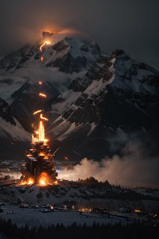 3d battlefilde fire rainig from the sky with mountains warfilde fire drop from the sky