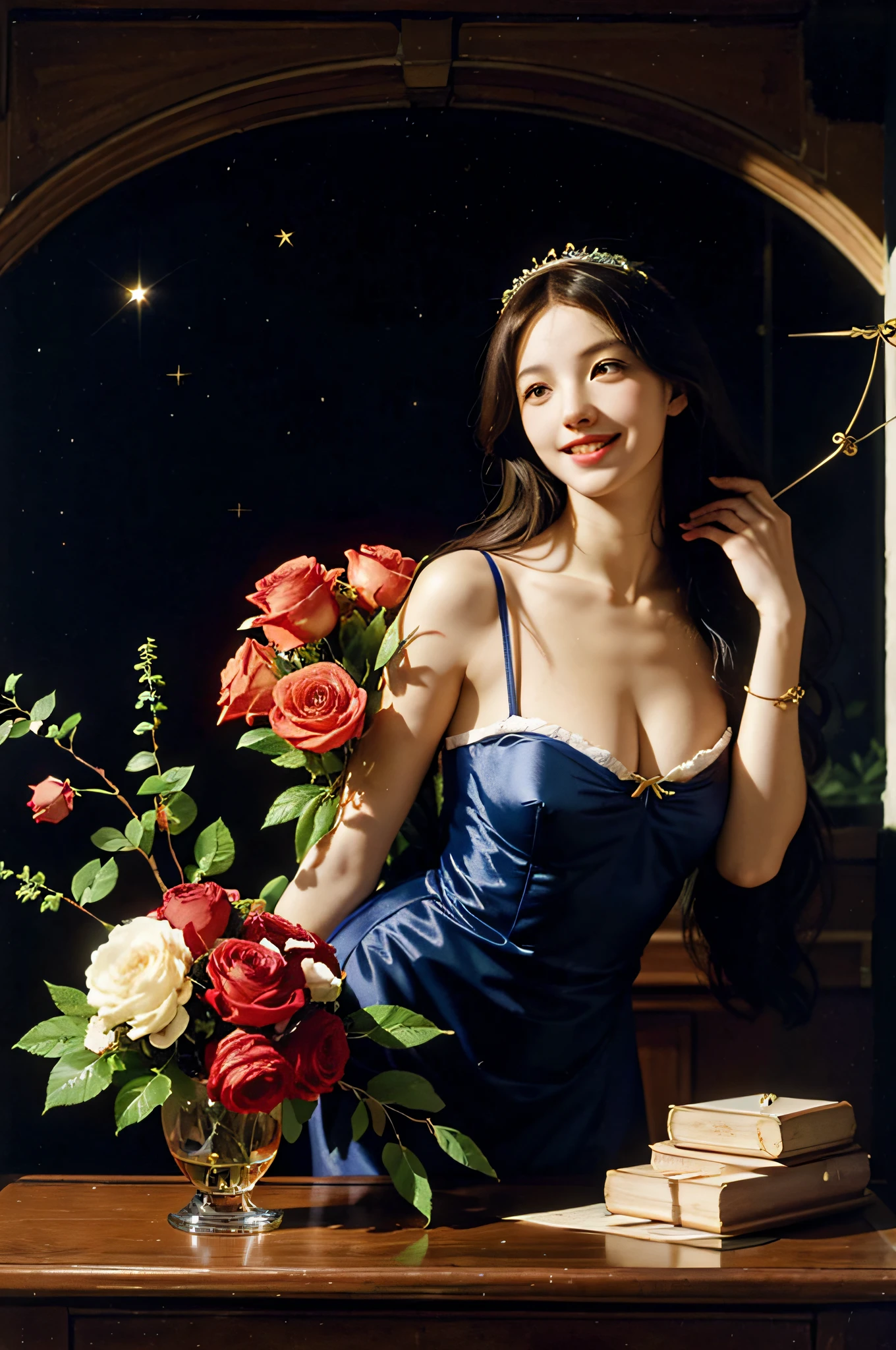 Geometry,stain glass,12 zodiac signs,Vigée Leblanc style,Math、Astronomical utensils,astronault,Roses in a vase,fruits,cute little,A smile,Ancient Greek costumes,Paintings by Sandro Botticelli,Costume with stretched shoulders,huge smile,Caravaggio&#39;shading,large full breasts