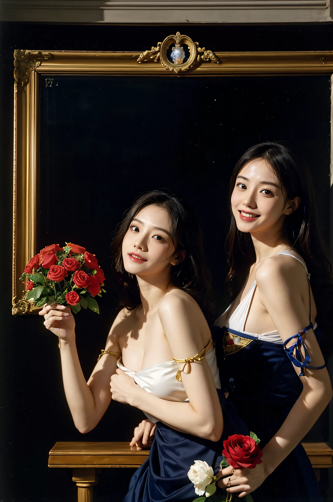 Geometry,stain glass,12 zodiac signs,Vigée Leblanc style,Math、Astronomical utensils,astronault,Roses in a vase,fruits,cute little,A smile,Ancient Greek costumes,Paintings by Sandro Botticelli,Costume with stretched shoulders,huge smile,Caravaggio'shading,large full breasts,Ecstasy expression,A sexy