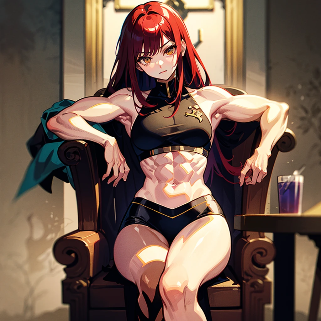 (((masterpiece)))、(((Top image quality)))、(((top-quality)))、(((Illustration of one girl)))、(((Muscle Girl)))、(((neuter)))、a cool、((Long hair with red hair))、Golden eyes、((Tall))、(((Muscular and strong body)))、(((Muscular and strong body)))、((Split abs))、(((muscular and thick arms)))、((muscular and thick thighs))、(((manspreading)))、adventurer、(((adventurer style clothes、Adventurer style equipment)))、Sitting on a chair、Medieval tavern