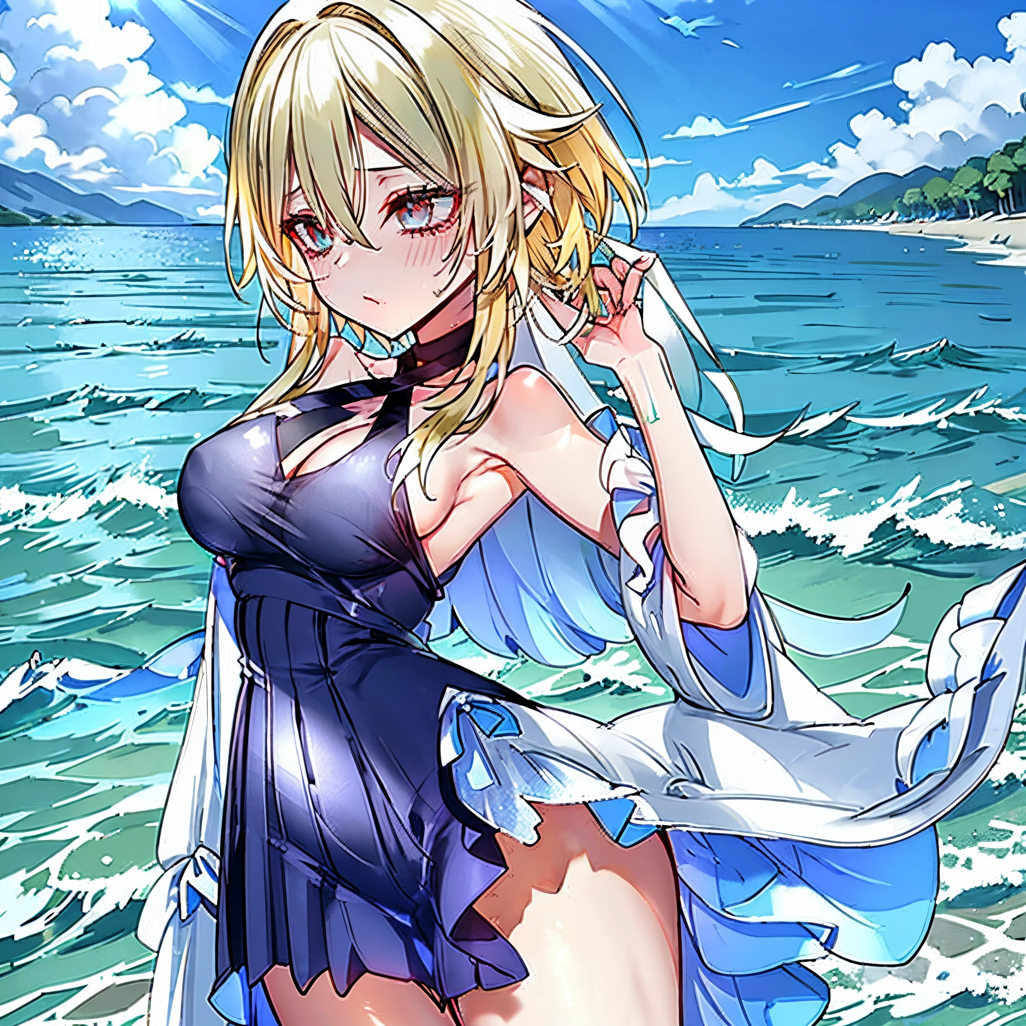 Lumine usando un traje revelador , vestido transparente , cabello mojado , caminando en la playa , pechos grandes , culo hermoso , ojos seductores