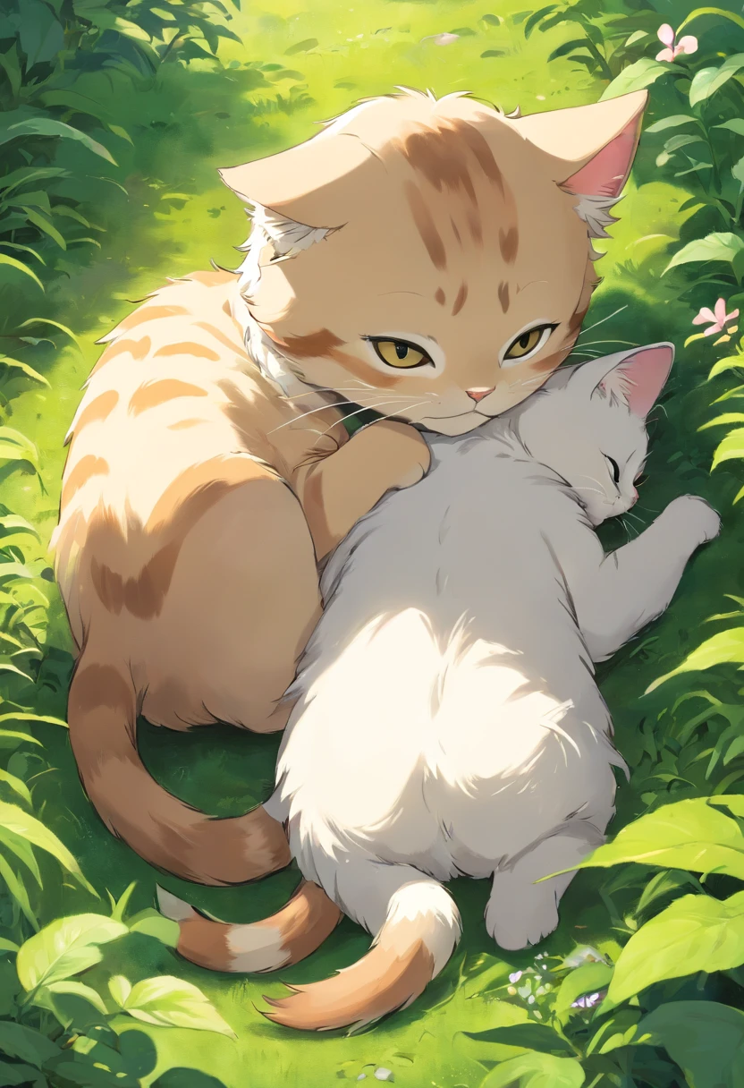 The kitten huddled up on its stomach