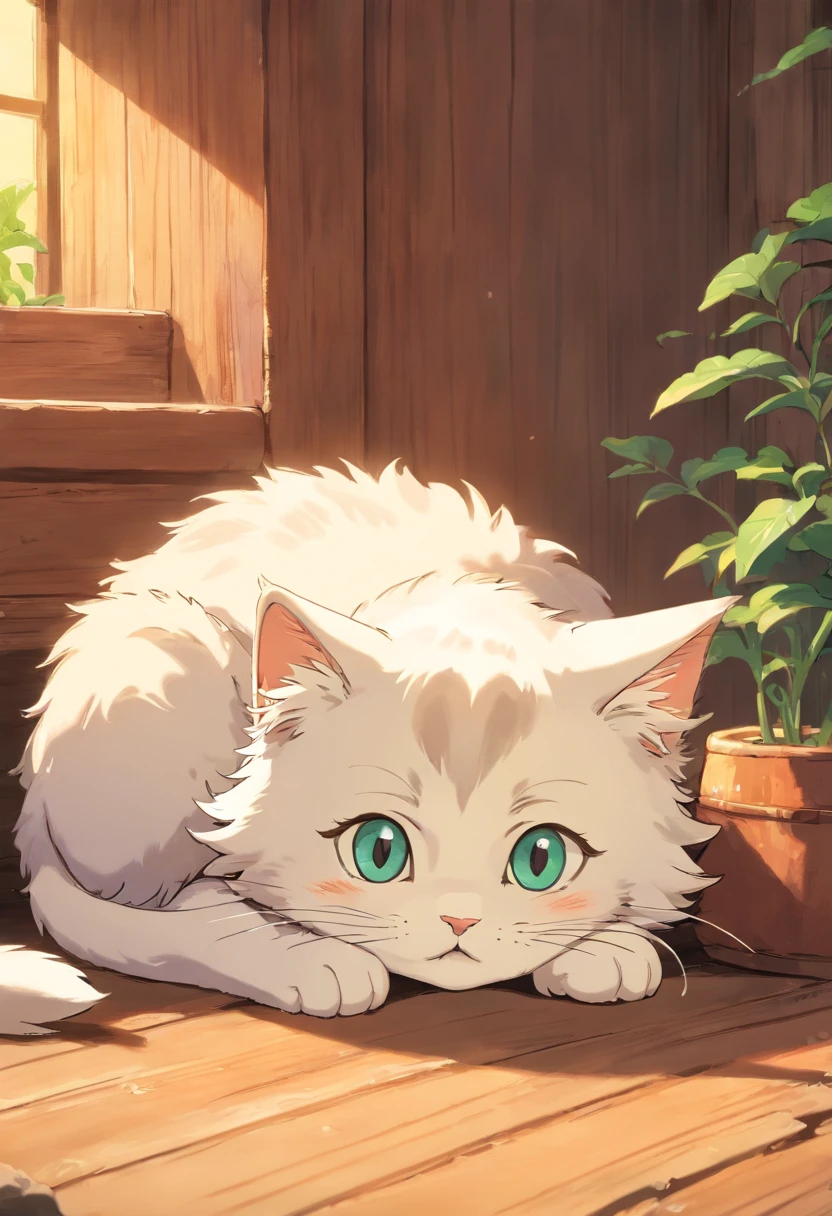 The kitten huddled up on its stomach